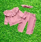 Cotton Blend Solid Clothing Set with Hairband for Girls 