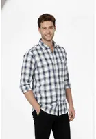 Cotton Blend Checked Shirt for Men, White 