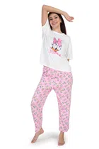 Cotton Printed Nightsuit for Women (White & Pink, Free Size)