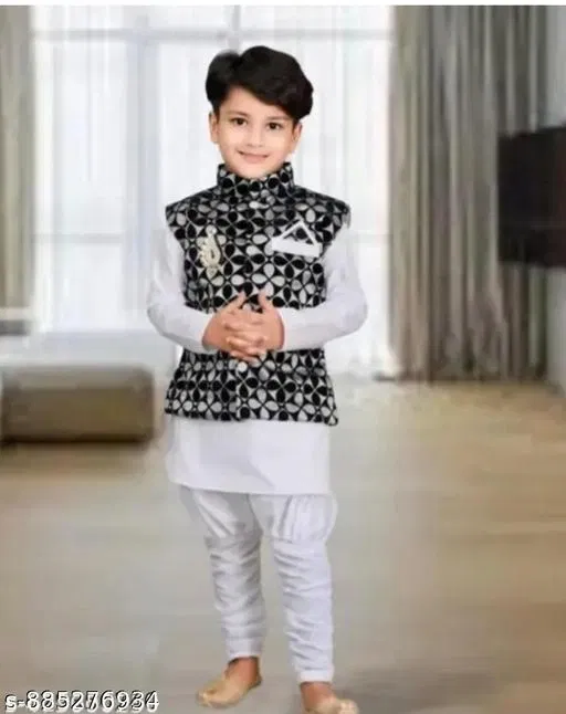 Ethnic Motif Cotton Kurta Set for Boys (White, 1-2 Years)