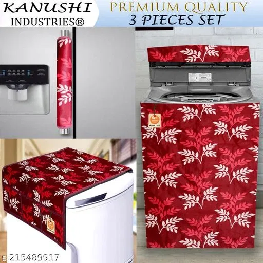 KANUSHI Industries® Top Load Fully Automatic Washing Machine Cover + 1 Pc Fridge Covers/Refrigerator Cover + 1 Pc Fridge Handle Cover (WASMAC-FULLY+FRI+1-HANDLE-MAROON-SMALL-LEVS)