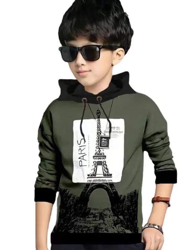 Hooded Neck Printed T-Shirt for Boys (Olive, 9-10 Years)