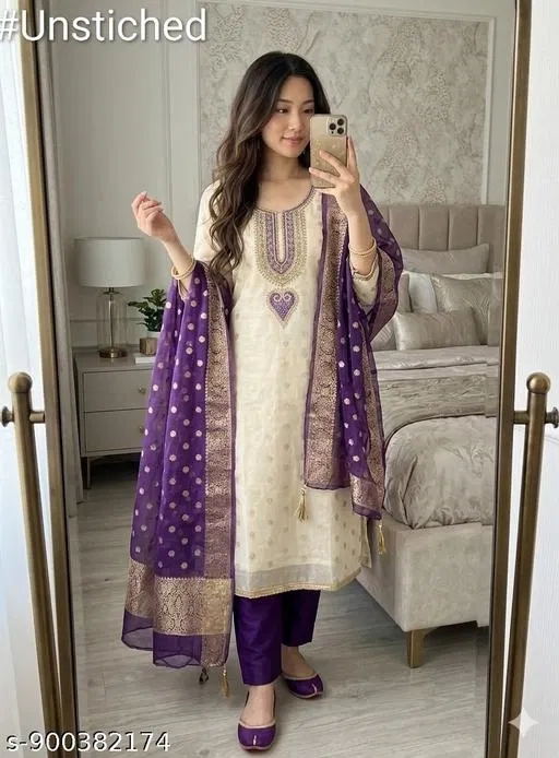 Silk Blend Embroidered Punjabi/All Over Suits for Women (6.05 meter (M)