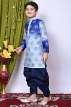 Dupion Silk Printed Kurta with Dhoti for Boys, Blue 