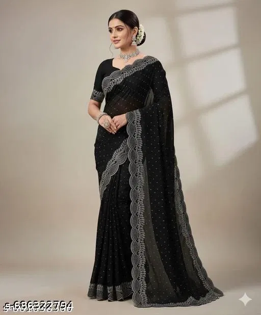 Cotton Silk Embroidered Saree For Women, Black