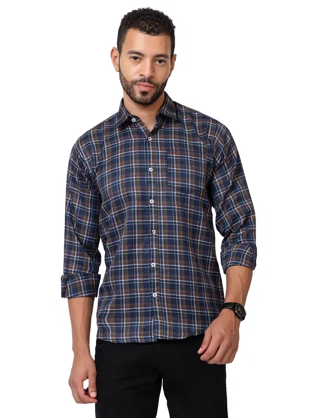 Cotton Blend Checkered Shirt for Men, Navy Blue (XL)