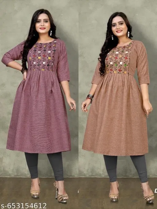Solid Embroidered Cotton Kurti for Women, Pack of 2 (Pink, M)
