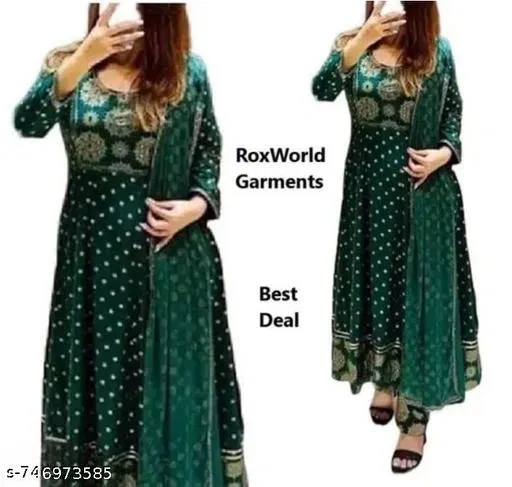 Printed Anarkali Kurta Set for Women (Green, XXXL)