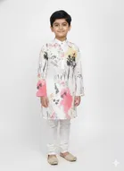 Silk Blend Printed Kurta & Paints Set for Boys , Cream 