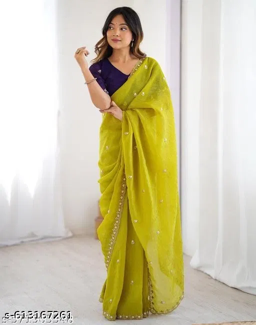 Chinnon Zari Embroidered Saree for Women, Yellow (6.3 m)