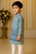 Cotton Blend Printed Kurta with Payjama for Boys, Blue & White 