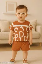 Hosiery Cotton Printed Clothing Set for Kids, Brown 
