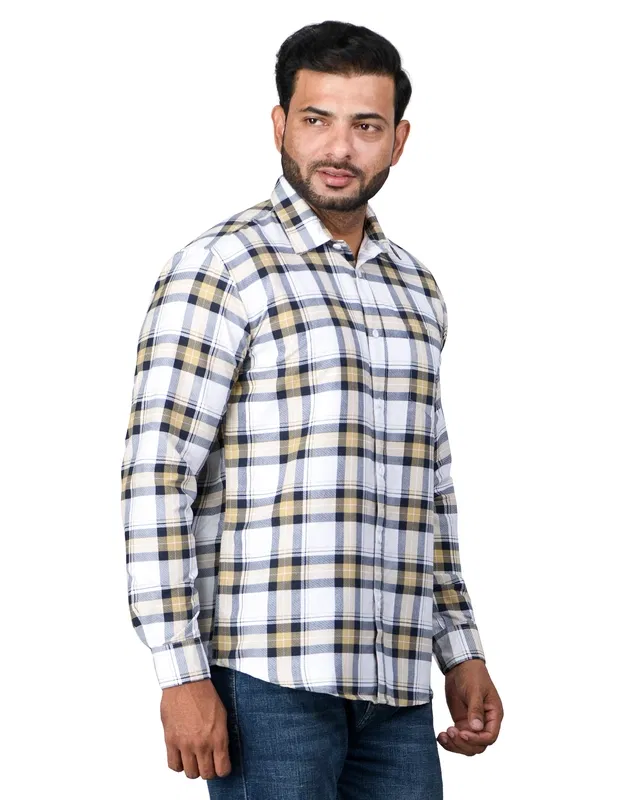 Poly Cotton Full Sleeves Chequered Shirt for Men (Yellow, L)