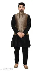 Cotton Blend Solid Kurta with Pyjama & Jacket for Men 