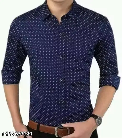 Cotton Printed Shirt for Men, Navy Blue (L)