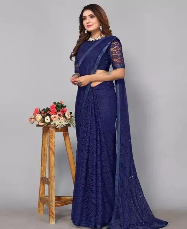 Net Solid Saree for Women (Navy Blue, 6.3 m)