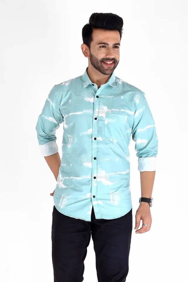 Cotton Blend Printed Shirt for Men, Light Blue (L)