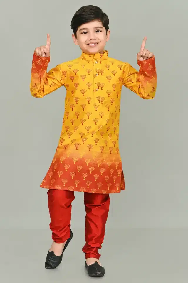 Printed Dupion Silk Kurta and Pajama Set for Boys (Yellow, 3-4 years)