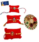 Combo of 3 Pcs Rakhi, 4.5 inch Plate, Greeting Card & Roli Chawal 