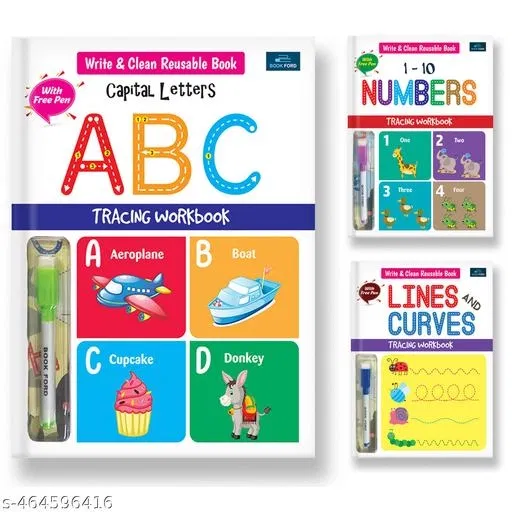 Write & Clean Reusablee Book - Set Of 3 Books - Alphabet Capital Letters, Numbers, And Lines & Curves