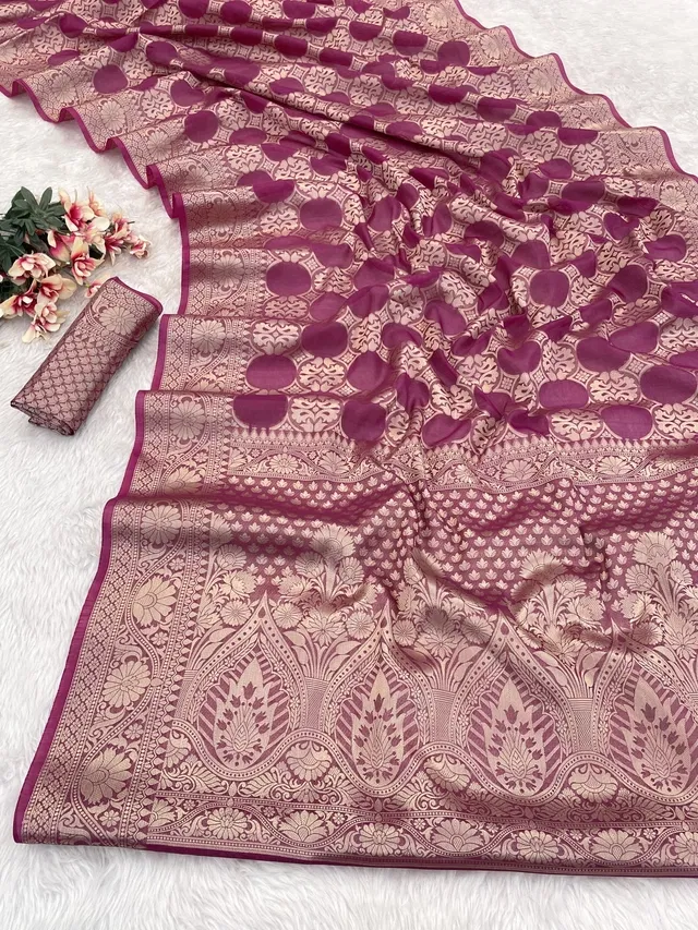 Organza Zari Woven Saree for Women (Wine, 6.3 m)