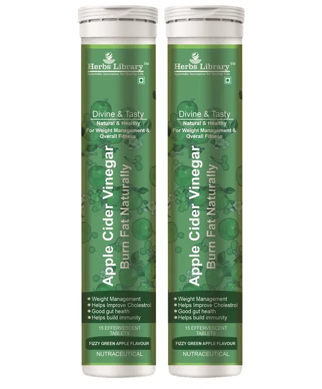 Herbs Library Apple Cider Vinegar with Vitamin B6 & B12 Effervescent 15 Pcs Multivitamin Tablets for Men & Women (Set of 2)
