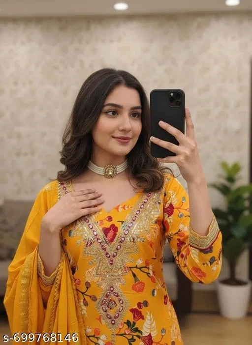 Bandhani Printed Jaipuri Designs Embroidered Top Bottom Duppata for Women (Yellow, Un Stitched)