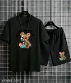 Cotton Blend Printed Top & Bottom Set for Men, Black 