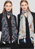Printed Chiffon Scarves with Tassels for Women, Multicolor, Pack of 2