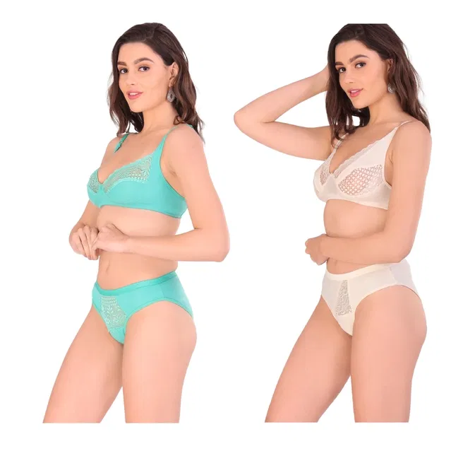 Cotton Blend Solid Non Padded Lingerie Set for Women (Multicolor, 40) (Pack of 2)