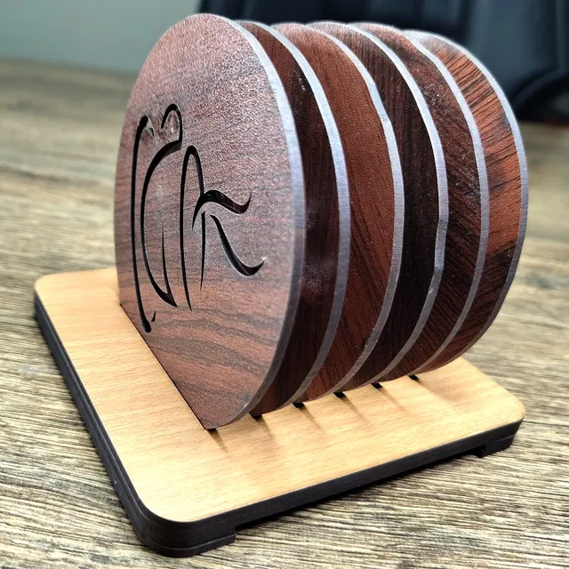 MDF Wooden 6 Pcs Coasters with Stand (Brown, Set of 1)