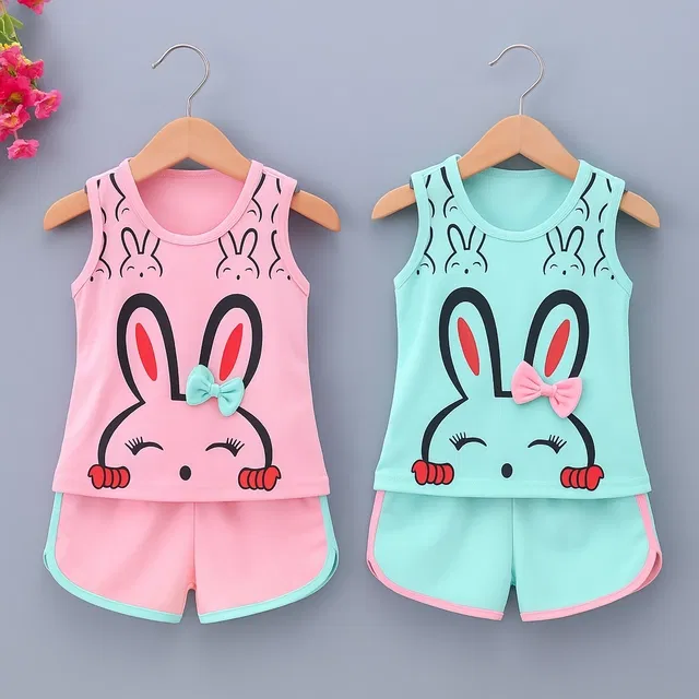 Hosiery Cotton Printed Clothings Set for Girls, Pack of 2 (Pink & Sea Green, 18-24 Months)