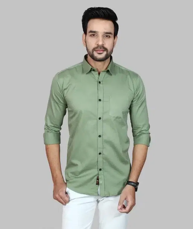 Cotton Blend Full Sleeves Shirt for Men (Mint Green, L)