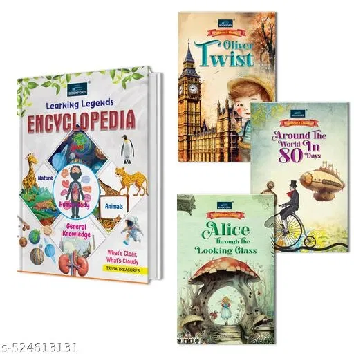 Encyclopedia + Set of 3 Novels: Oliver Twist, Alice Through the Looking Glass & Around the World in 80 Days – A Classic Collection of Adventure, Fantasy & Timeless Literary Treasures!