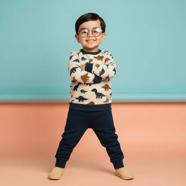 Cotton Printed Clothing Set for Boys, Navy Blue Blue (1-2 Years)