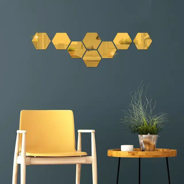 Acrylic Hexagon Shaped Wall Mirror Stickers (Gold, Pack of 8)