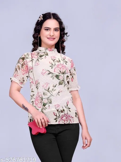 Floral Printed Georgette Kurti for Women (White, L)