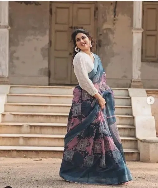 Cotton Linen Printed Saree for Women (Multicolor, 6.3 m)