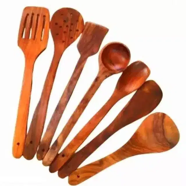 Serving and Cooking Spoon Spatula Set (Brown, Set of 7)
