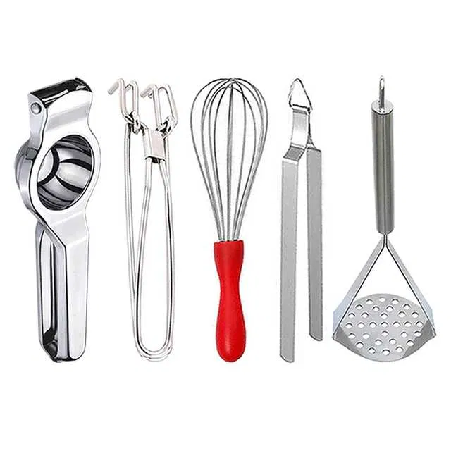 Stainless Steel Lemon Squeezer & Pakkad & Egg Whisk & Roti Chimta & Potato Masher For Kitchen (Set of 5) (OC-062)