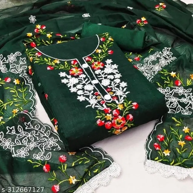 Embroidered Unstitched Suit for Women (Bottle Green, 2.25 m)