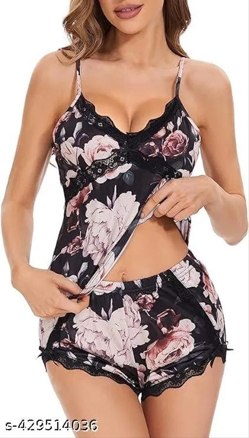 Polycotton Printed NightSuit for Women, Black (S)