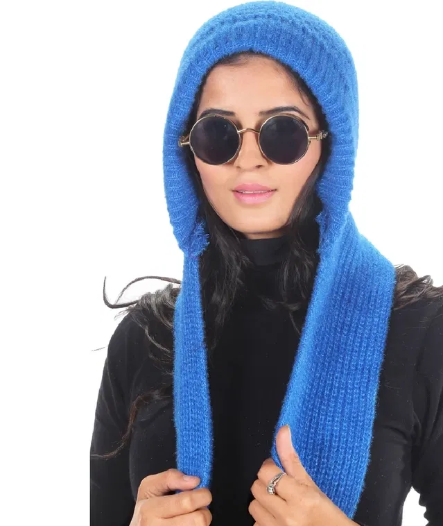 Woolen Knitted Muffler Cap for Women, Blue, Set of 1