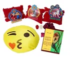 Synthetic 3 Pcs Rakhi with Smiley Pillow & Roli Greeting card 