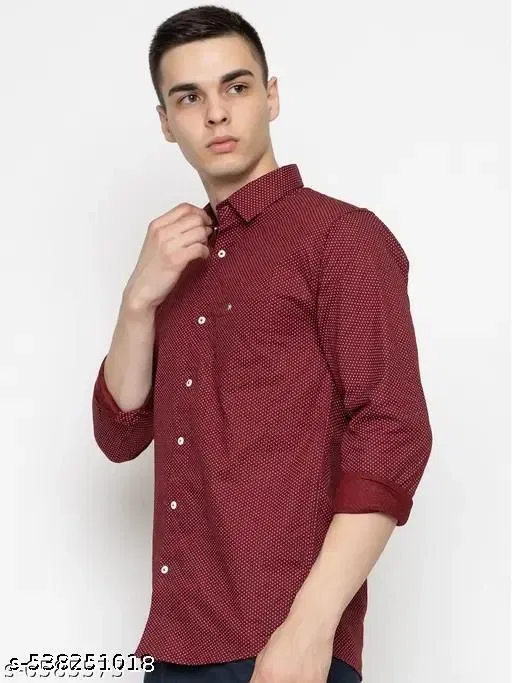 Cotton Blend Printed Shirt for Men, Maroon (L)