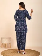 Cotton Blend Printed Kurti With Pant & Dupatta for Women, Navy Blue 