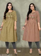 Solid Embroidered Cotton Kurti for Women, Pack of 2 