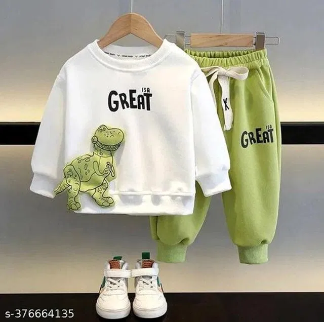 Hosiery Cotton Clothing Set for Boys (White & Green, 6-12 Months)