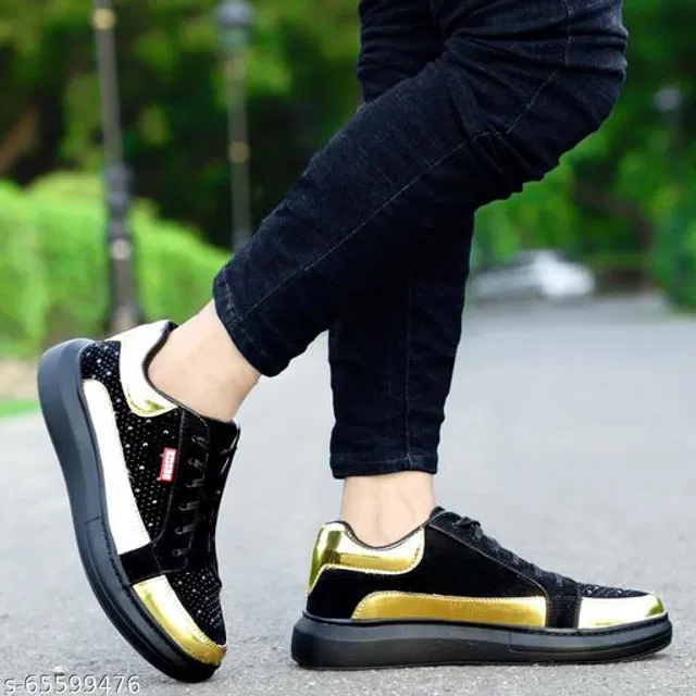 Casual Shoes for Men (Black & Gold, 9)