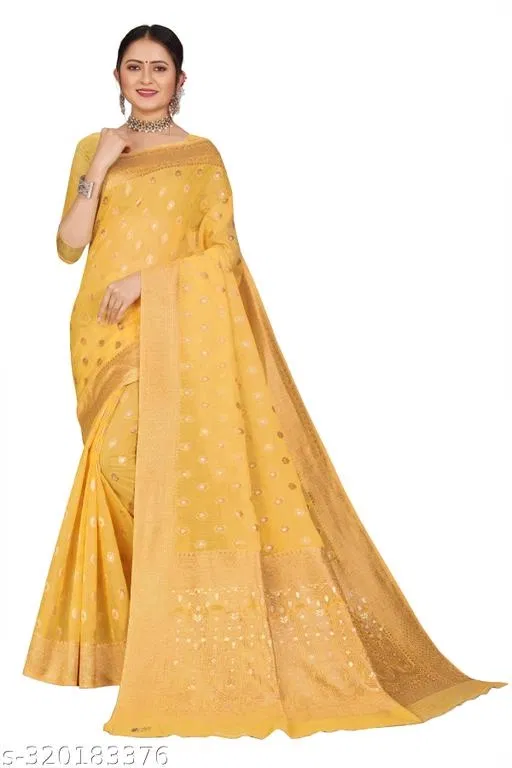 Cotton Zari Woven Saree for Women (Yellow, 6.3 m)